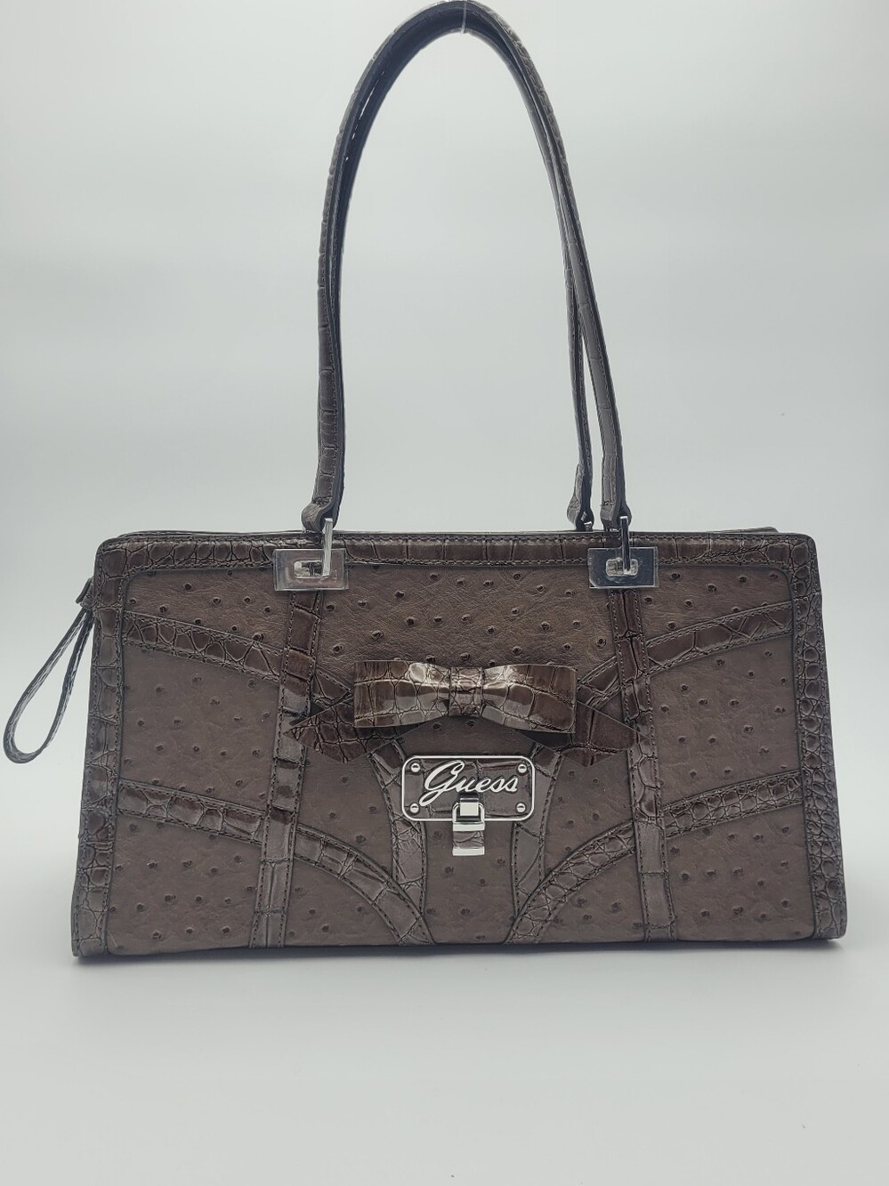 Guess Visage Coffee Brown Faux Ostrich Skin Pebbled Faux Leather Bow Satchel Bag